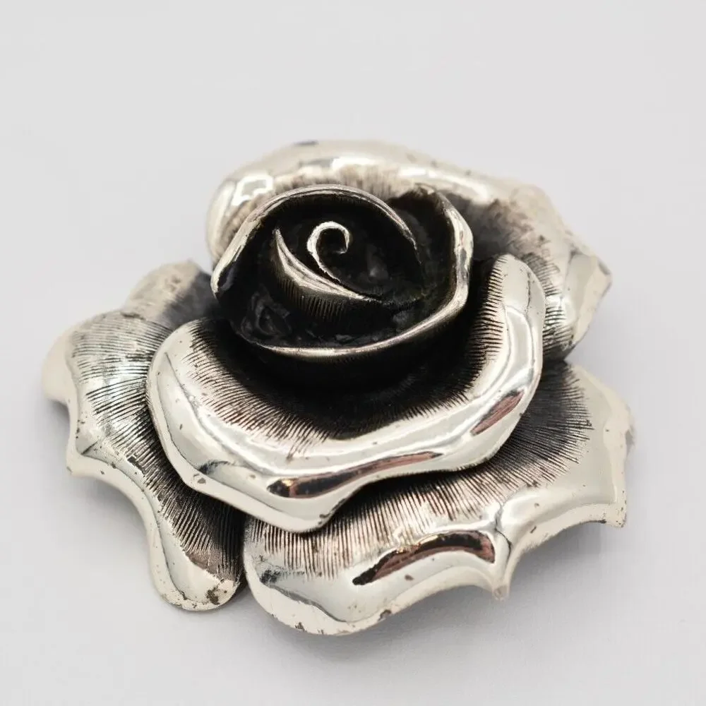 Tortolani Vintage Rose Pin Brooch Flower Chunky Heavy Silver Signed 1950s BinAT
